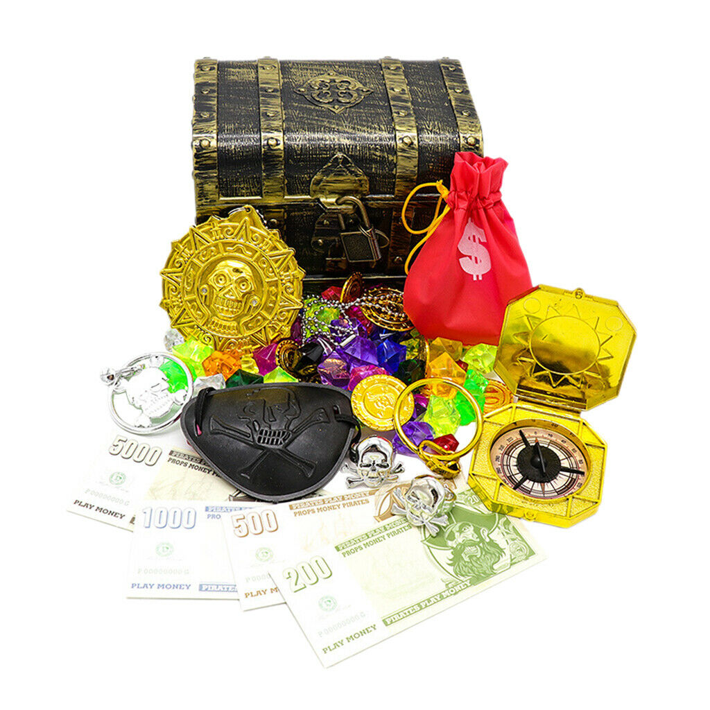 Pirate Treasures Chest Coin Money Jewellery Playroom Props Kids Pirate Toys