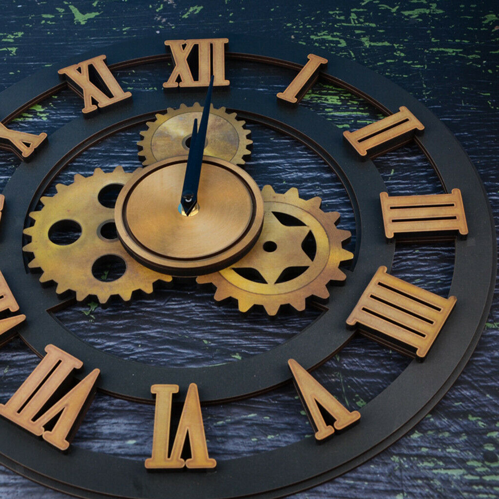 15 inch Large Gear Wall Clock Industrial Roman Numerals Silent Quartz Clock
