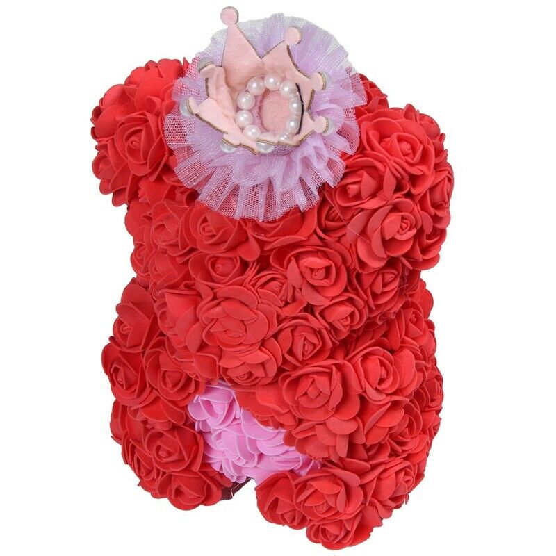 25Cm Teddy Bear With Crown In Gift Box Bear Of Roses Artificial Flower New YeaZ4