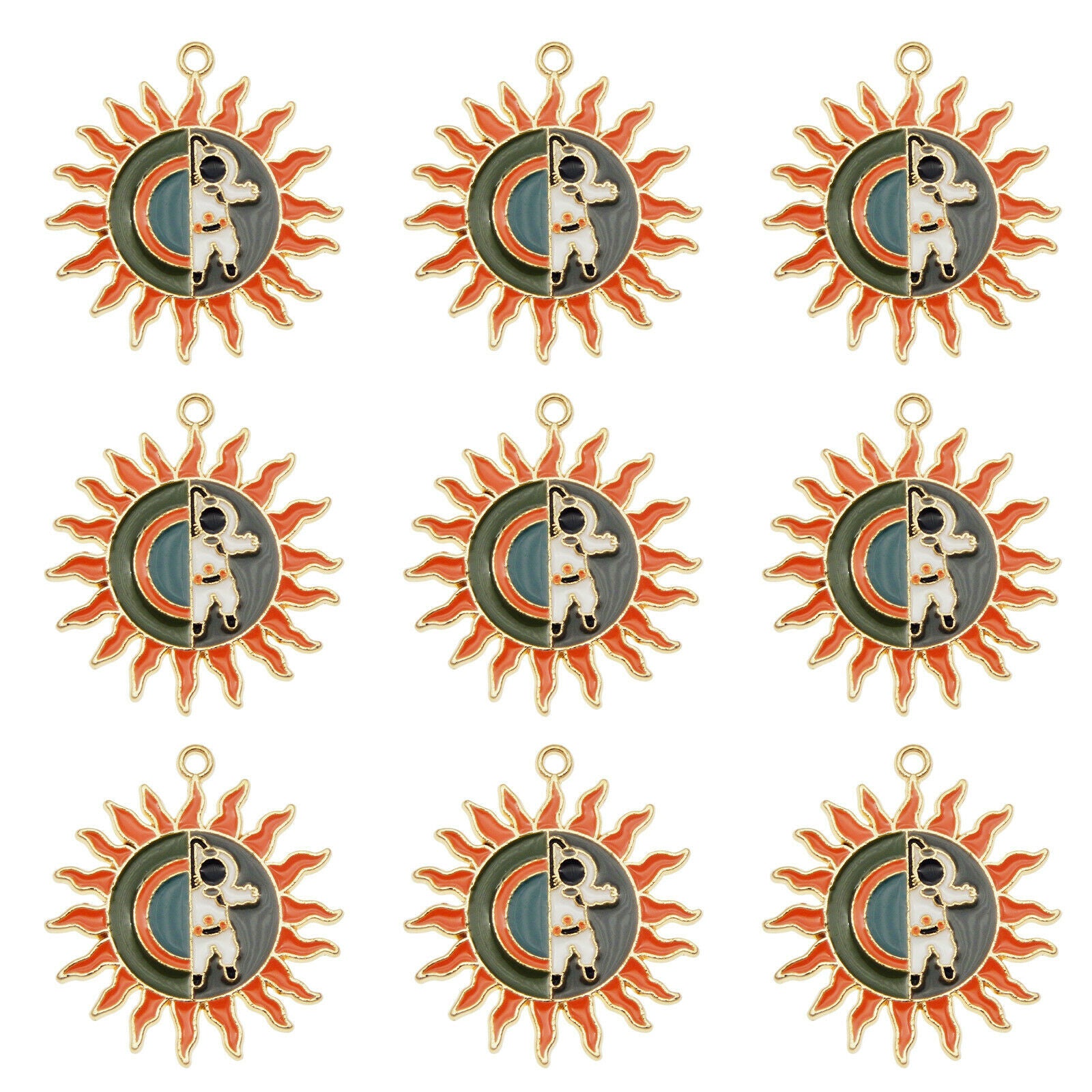 6PCS Enamel Colorful 33x30mm Spacer Astronaut Sun Charms Pendant Jewelry Making