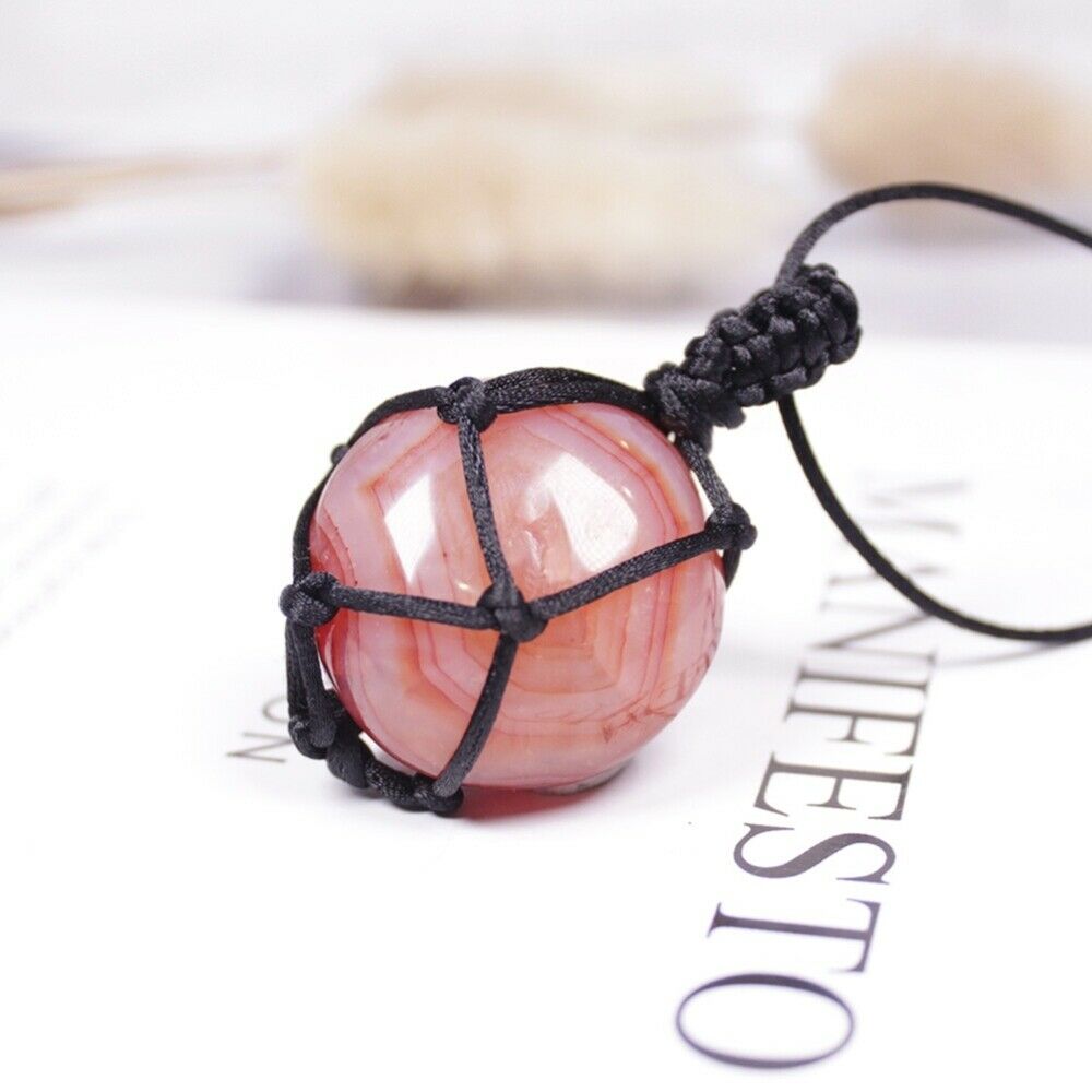 Natural Red Agate Pendant Rough Stone Large Grain Polished Handle Net Bag Woven