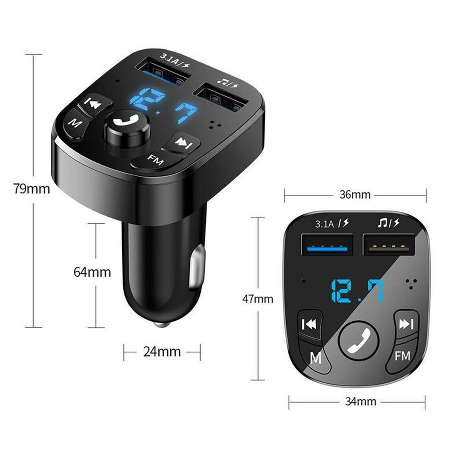 Wireless Handsfree Call Bluetooth FM Transmitter 12V/3.1A for Smartphones