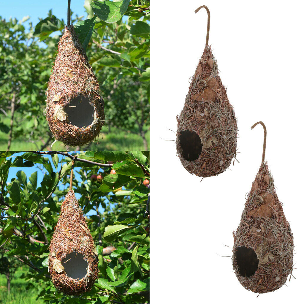 2 Pieces Handmade Woven Straw Bird Nest Cage Birdhouse Bed House for Parrot