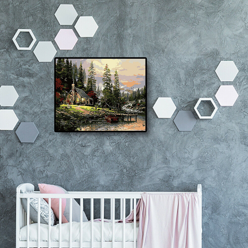 DIY Digital Oil Painting By Numbers Riverside Hut Canvas Acrylic Wall Art  @
