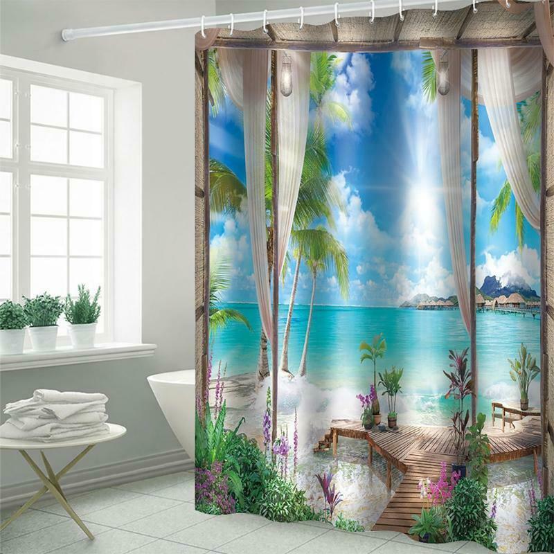 Beach Palm Waterproof Landscape Shower Curtain Ocean Scenery Bath Curtain Decor