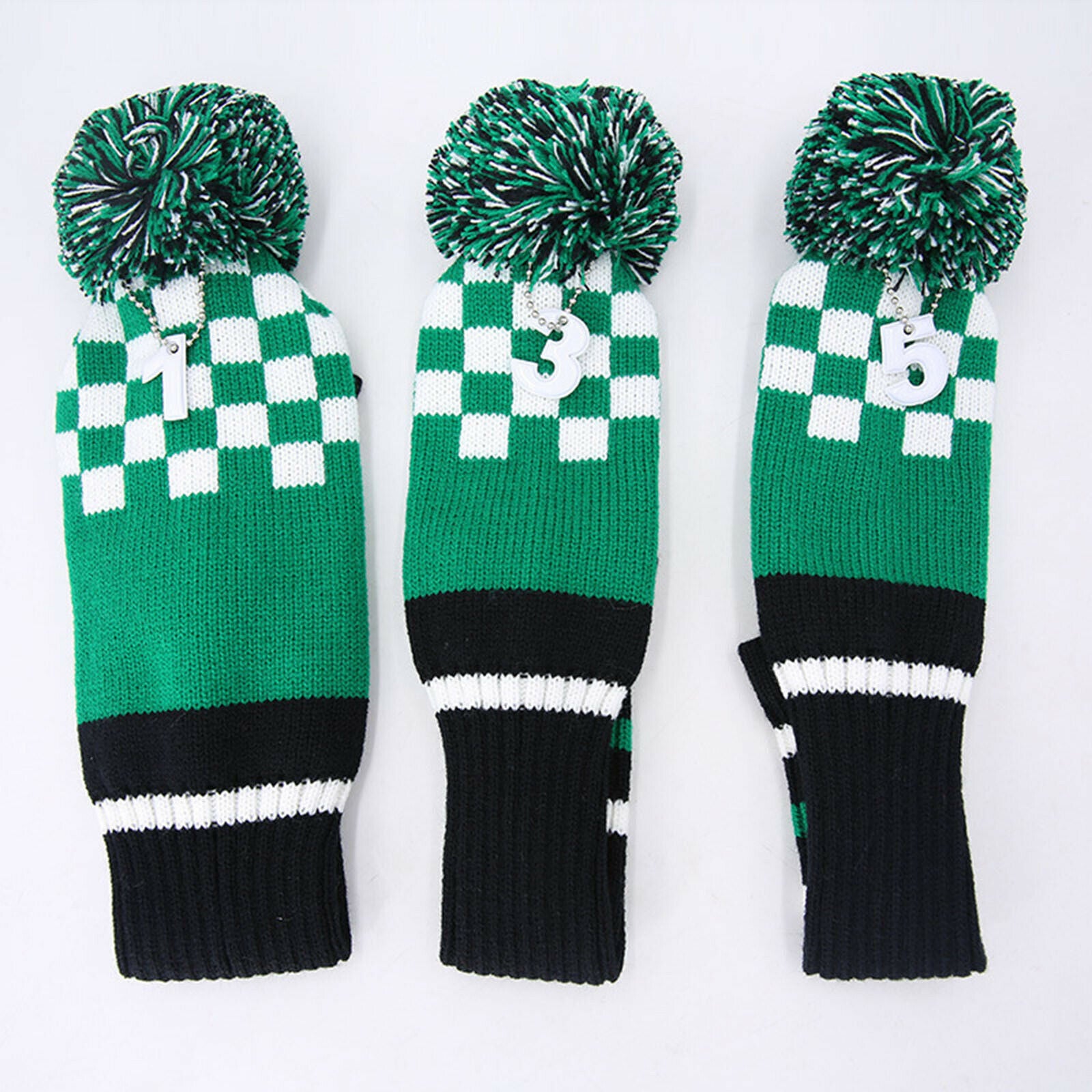 3x Knit Wood Golf Club Covers No. Tags 1 3 5 A Large Pom Pom Checkerboard