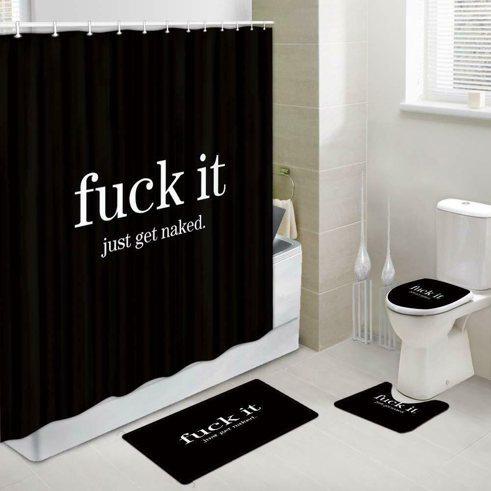 Funny Quotes Fabric Shower Curtain Set with Bathroom Toilet Pad Cover Bath Mat