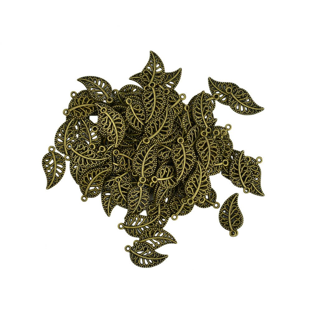 100 Pcs Bronze Filigree Hollow Leaf Charms Pendants Beads Jewelry DIY
