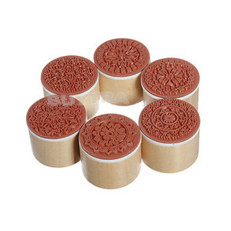 6X Assorted Wooden Rubber Stamp Round Shape Handwriting Floral Flower Cra C XC