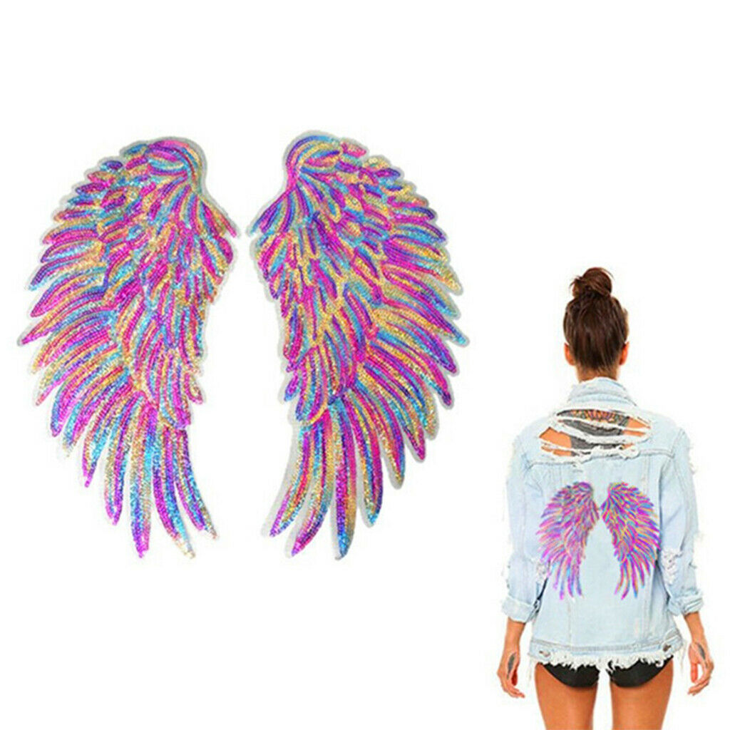 1Pair Sequin Rainbow Wings Sew Iron On Embroidery Applique Clothes Patch Badge