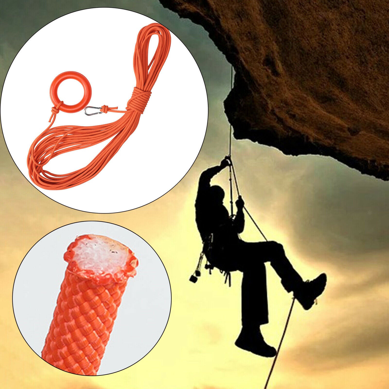 8mm x 20m Floating Water Life Saving Rope with Orange Bracelet Carabiner for