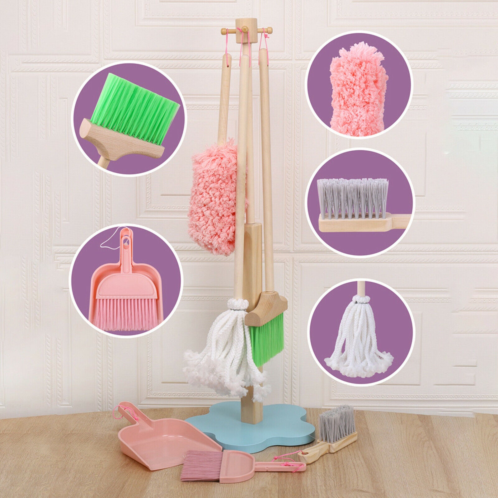 Safe Wooden Children Cleaning Tools Set for Kids Girls Boys Housekeeping