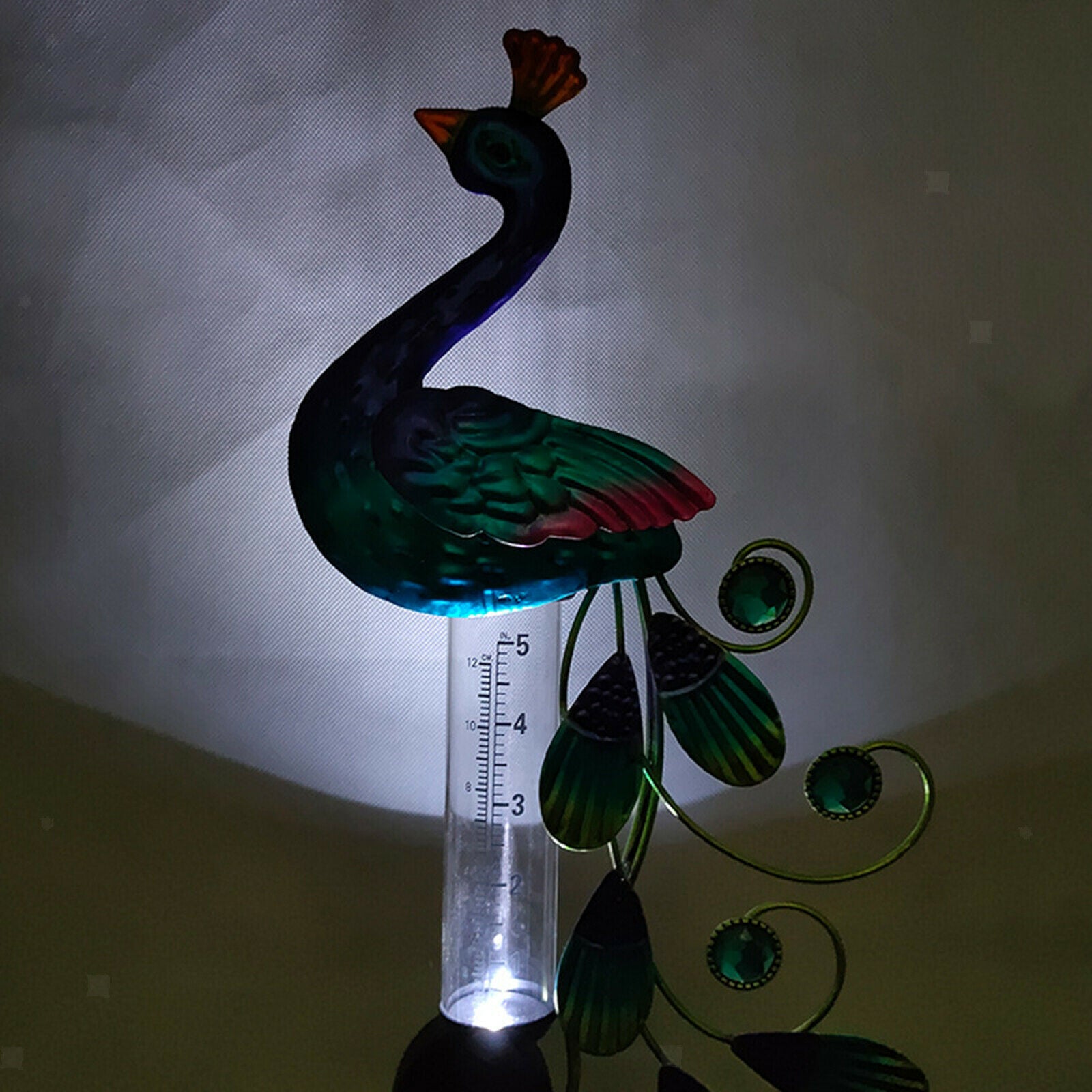 Beautiful Peacock Rain Gauge Solar LED Light Decorative Yard Garden Decor