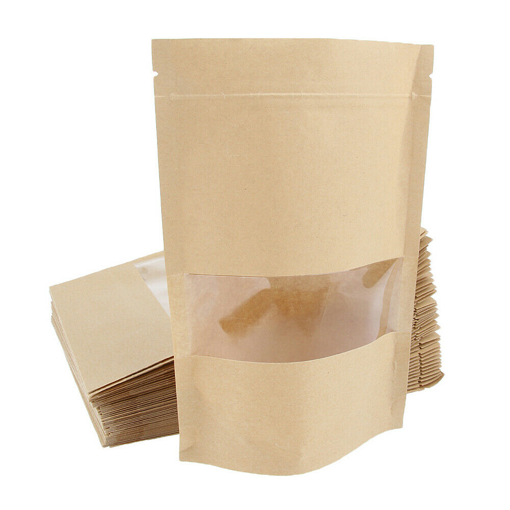 100X Kraft Paper Bags w/ Transparent Window Dry Food Coffee Storage 14x22+4