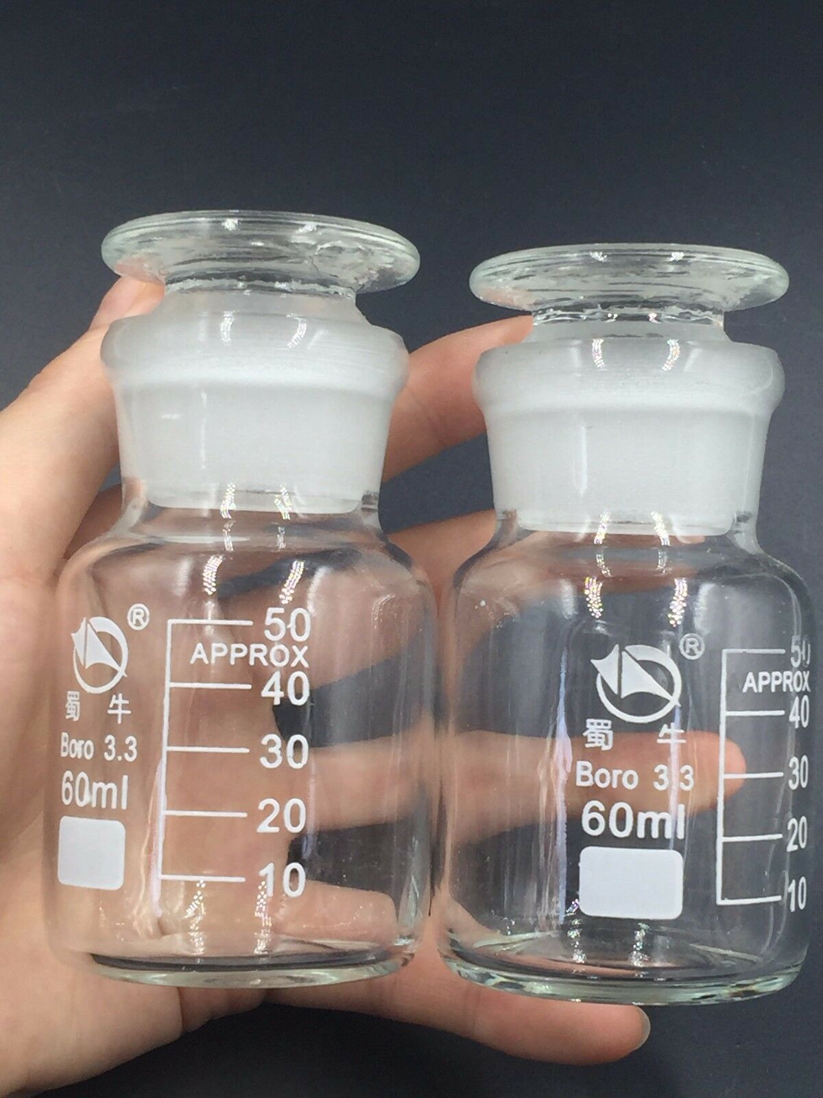 Glass lab reagent bottle wide mouth 60 ml 2 oz ，Ground Glass Stopper New