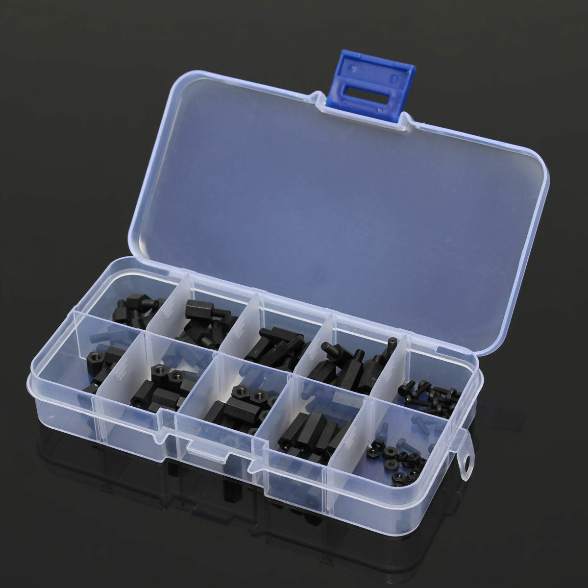 120pcs M2 Nylon Screw Black Hex Screw Nut Nylon PCB Standoff Assortment Kit Box