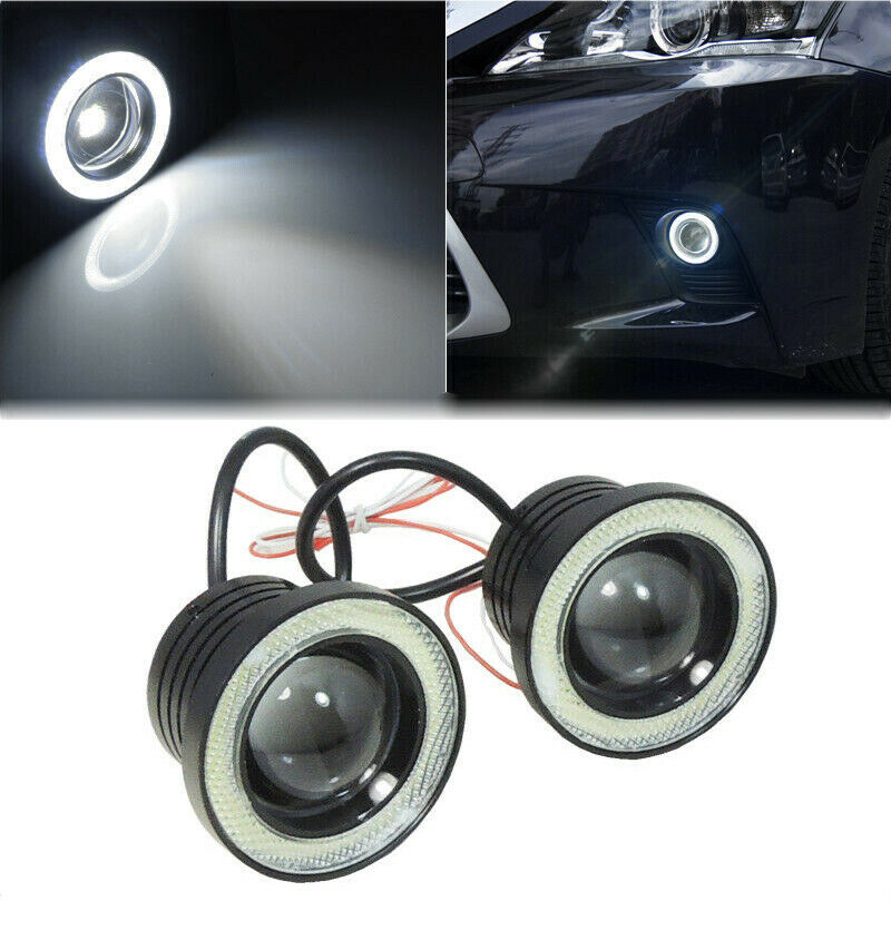 2x White  Car Fog Light Running Lamps COB Halo 3" Angel Eye Ring Hawkeye