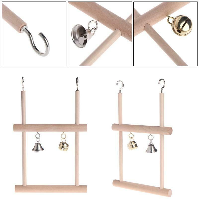 Birds Perch Parrot Toys Stand Holder Natural Wood Swing Bell Cage Hanging Ladder