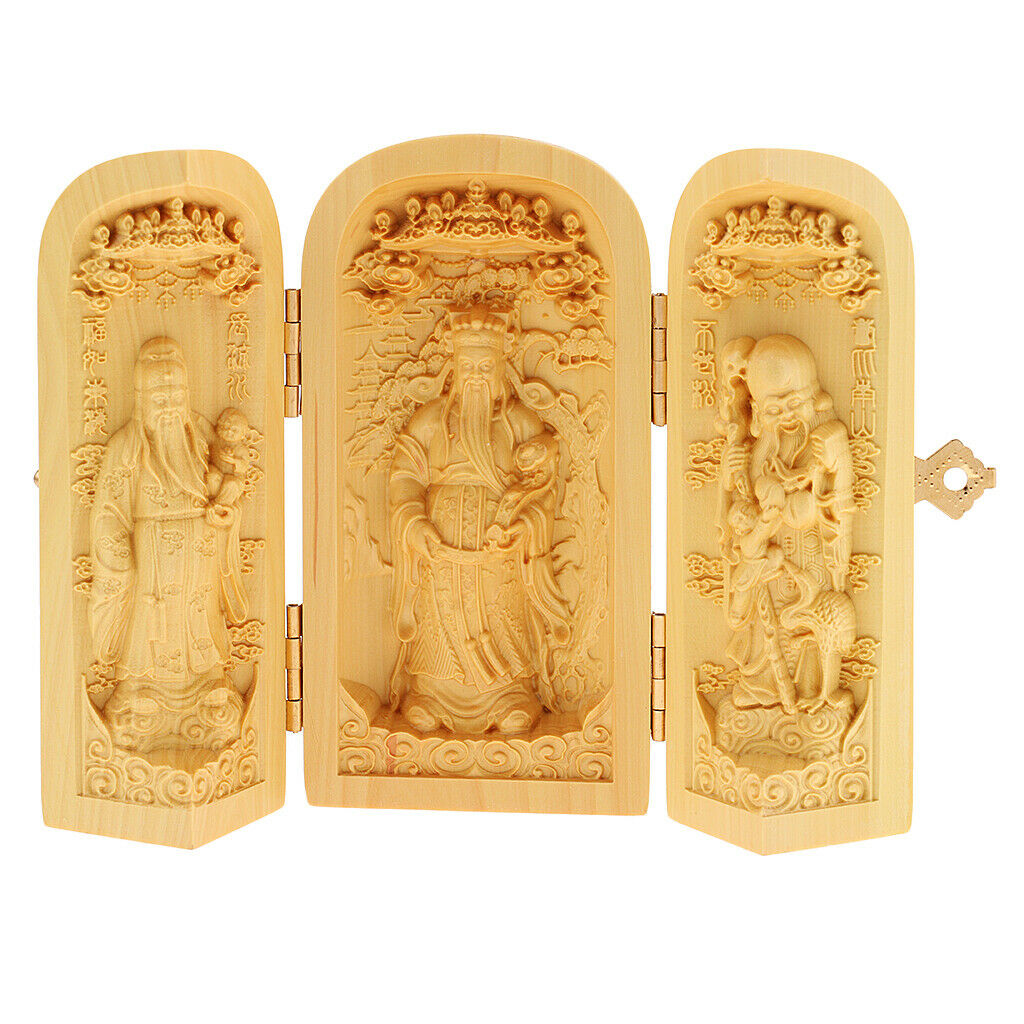 Fukurokuju Stars Boxwood The Lucky Stars  3 God Buddha Statue Box
