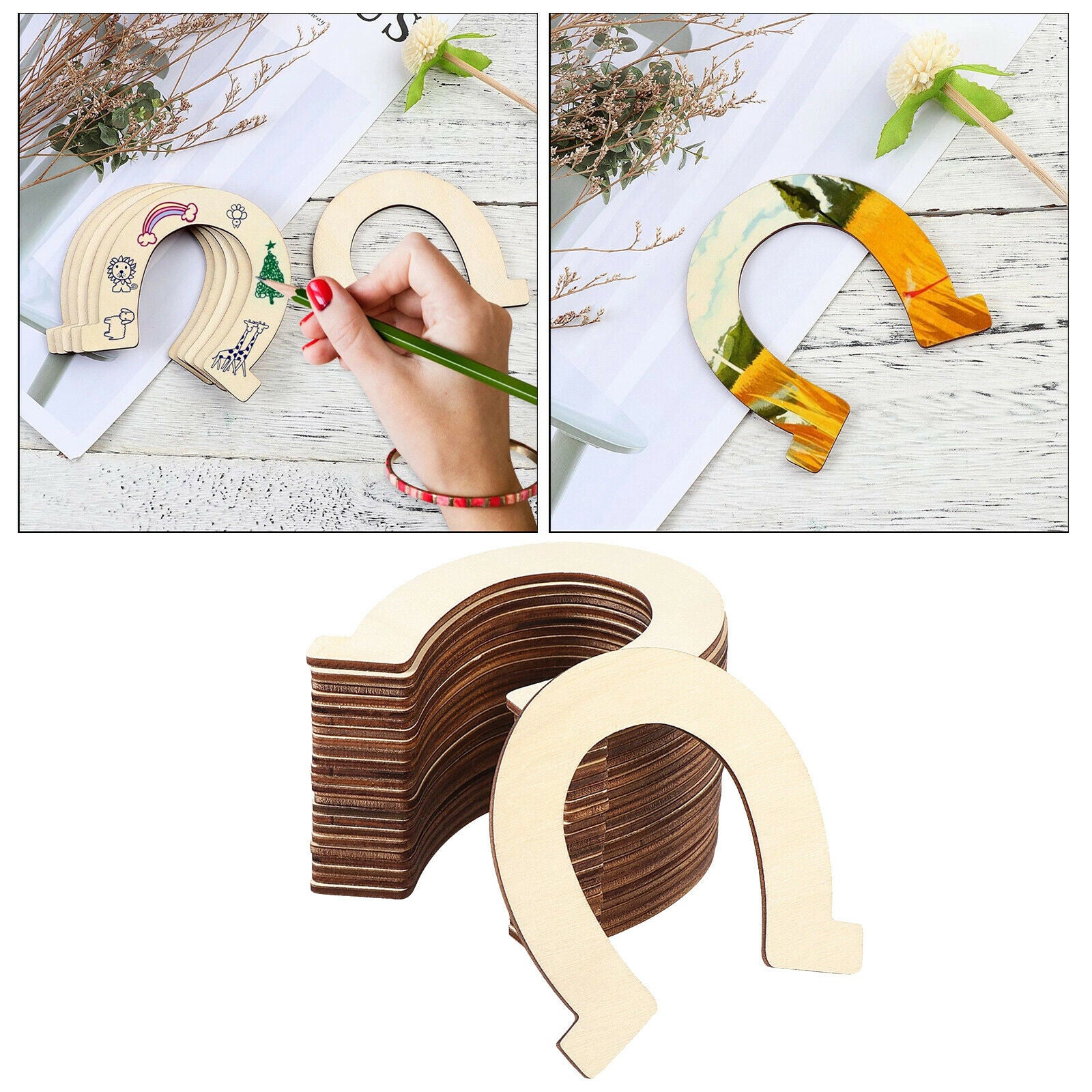 24pcs Unpainted Wooden Slices Cut Horseshoe Cutouts Pieces Rustic Decoration