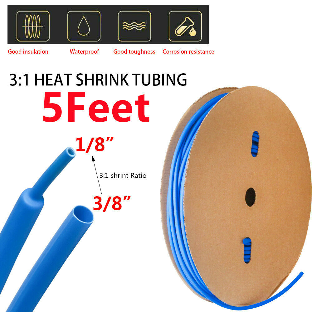 Blue Adhesive Glue Lined Marine Grade Dual Wall Heat Shrink Tubing 5ft 3/8"