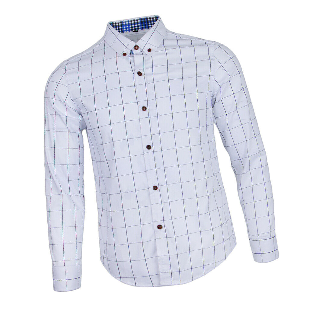 Mens Classical Plaid Print Shirt Cotton Causal Long Sleeve Shirt M White