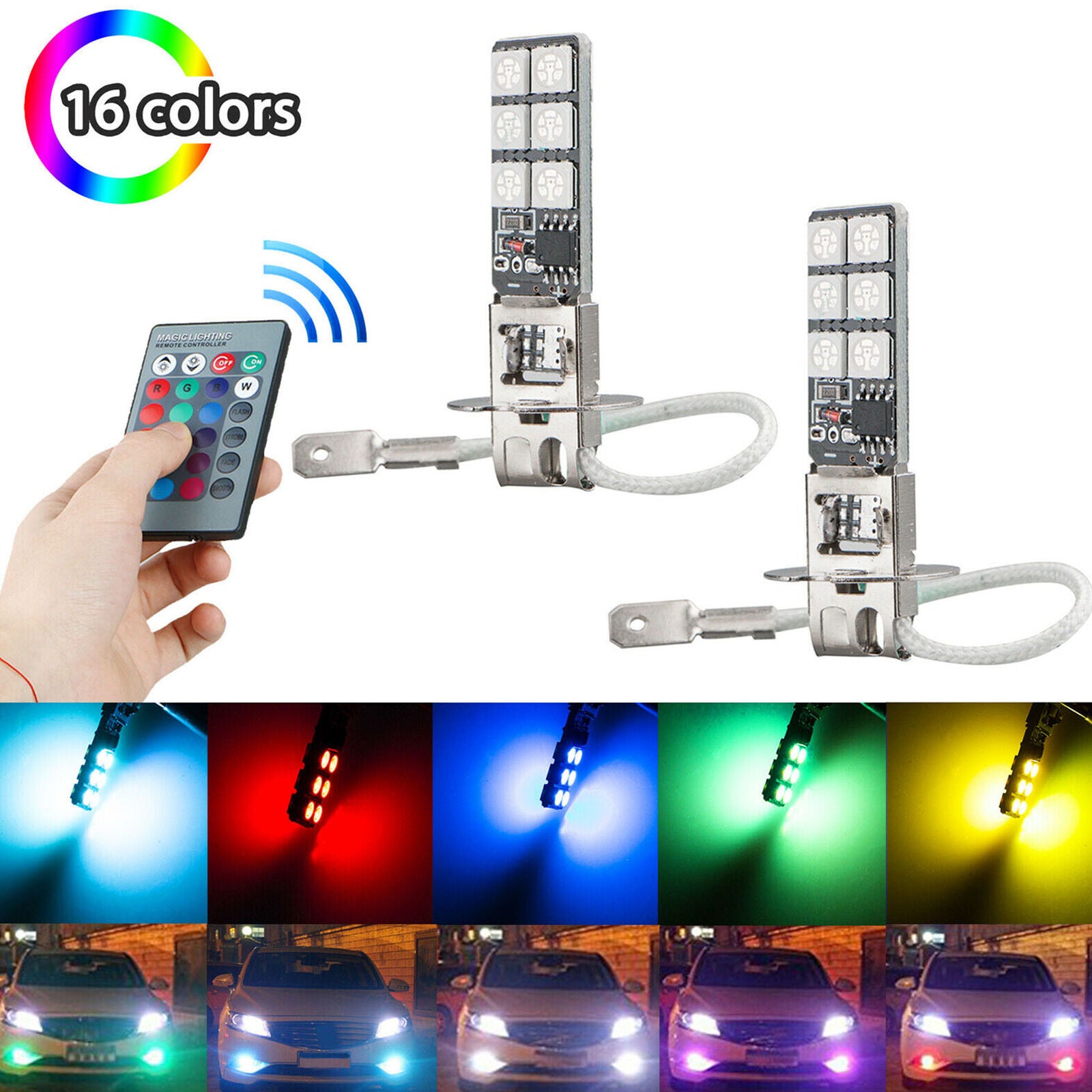 2x H3 5050 RGB LED 12SMD Auto Car Headlight Fog Light Lamp Bulb + Remote Control