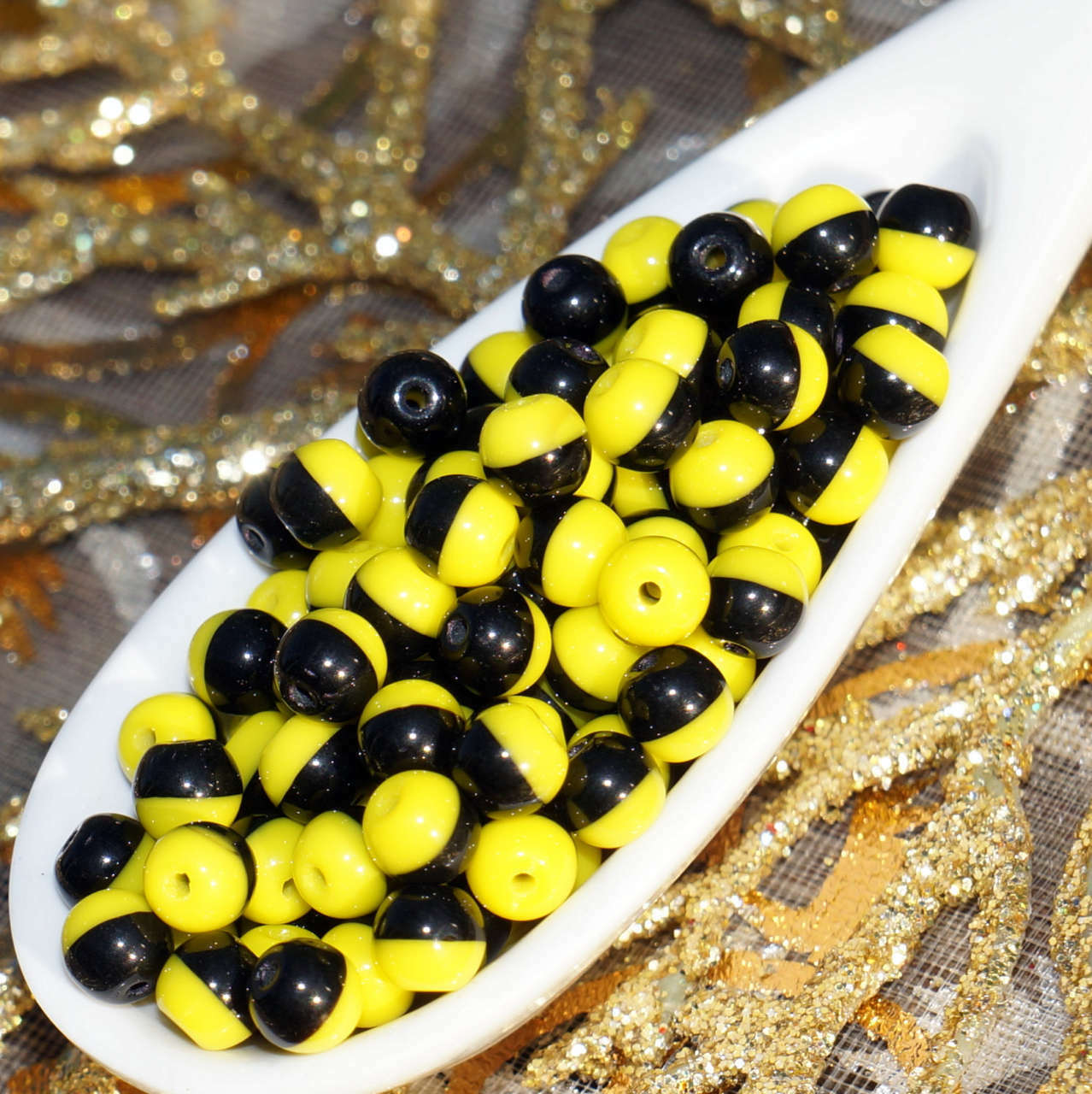 100pcs Small Black Yellow Halloween Czech Glass Round Beads Spacer Two Tone C...