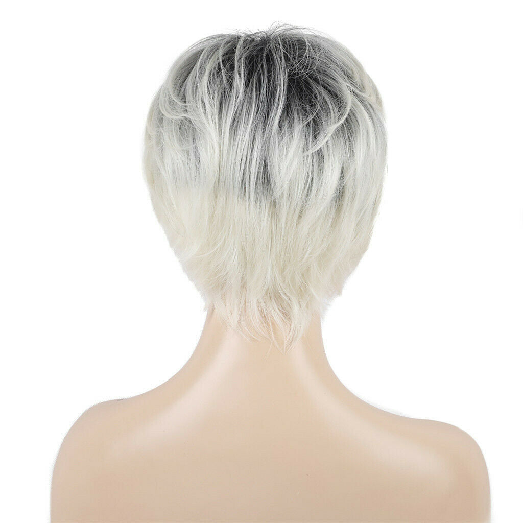 Short Full Head Wig Beige Black Gradient Oblique Bangs Women Synthetic Wig