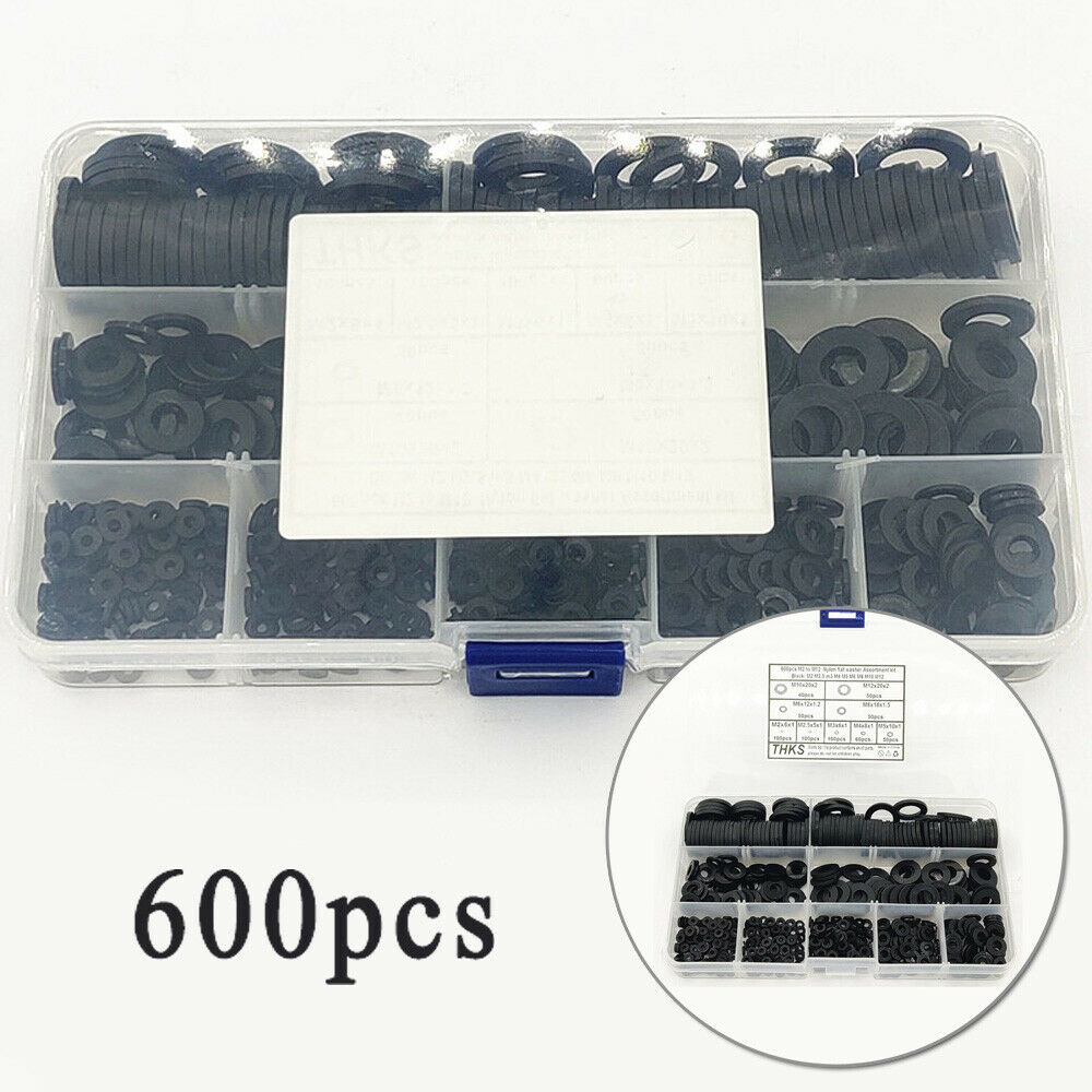 M2-M12 + Box Black Nylon Flat Washers Gasket Assortment Kit 600Pcs 9 Sizes