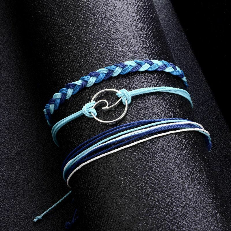 3Pcs Friendship Handmade Waxed Cord Weave Multi-layer Beach Wave Bracelets Kit