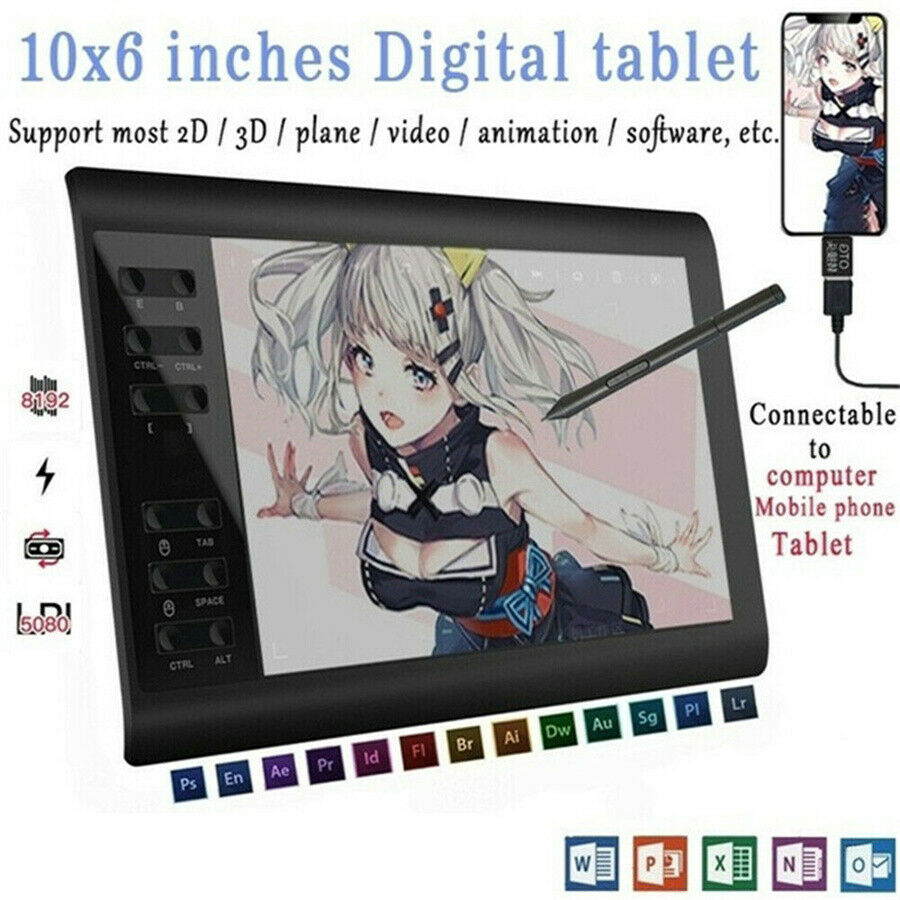 10*6 inch Graphics Tablet 8192 Levels Graphic Drawing Tablet 233 Point w/ Pen
