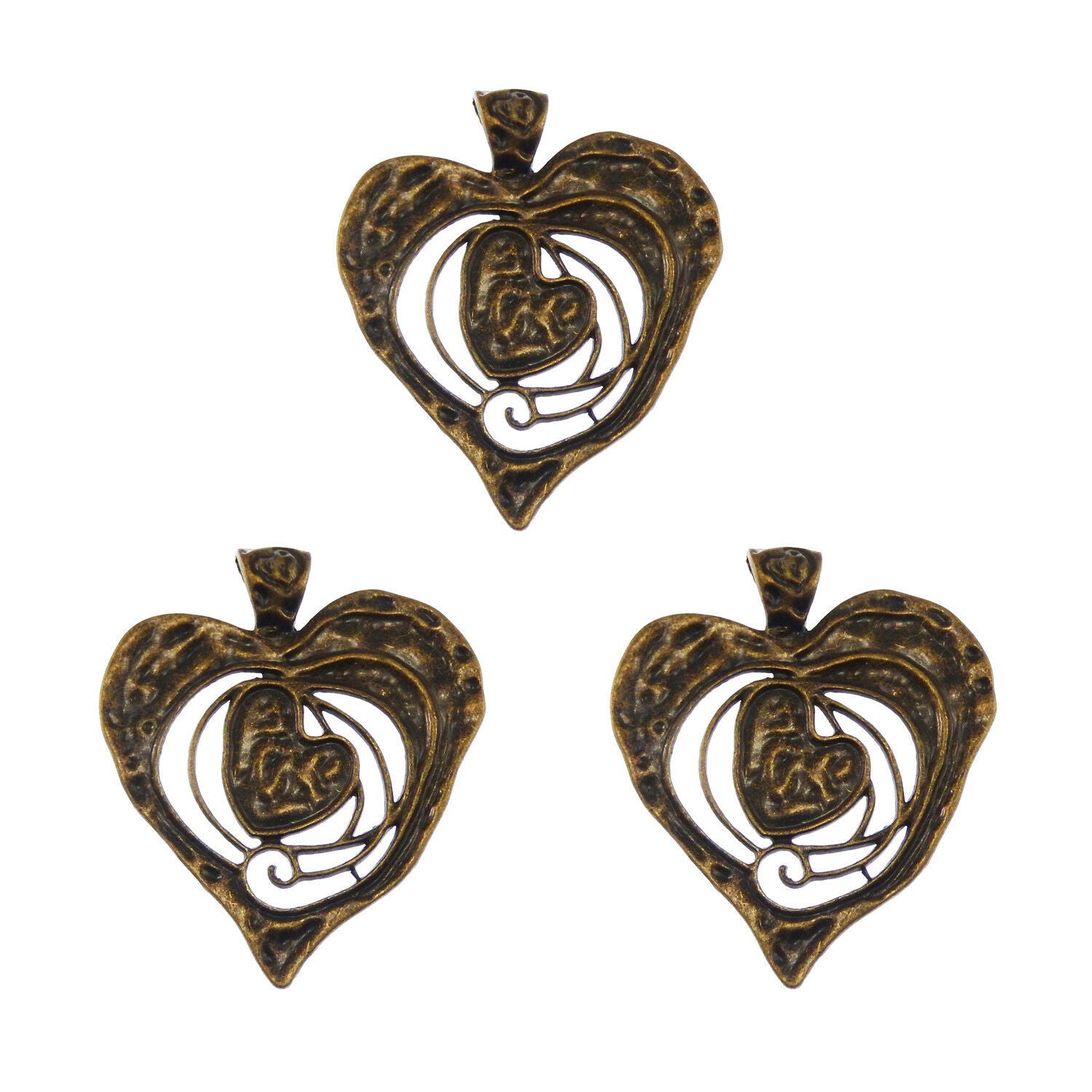 3 pcs Antiqued Bronze Hollowed Heart Pendant Charm Alloy For Jewelry 68*63*2mm