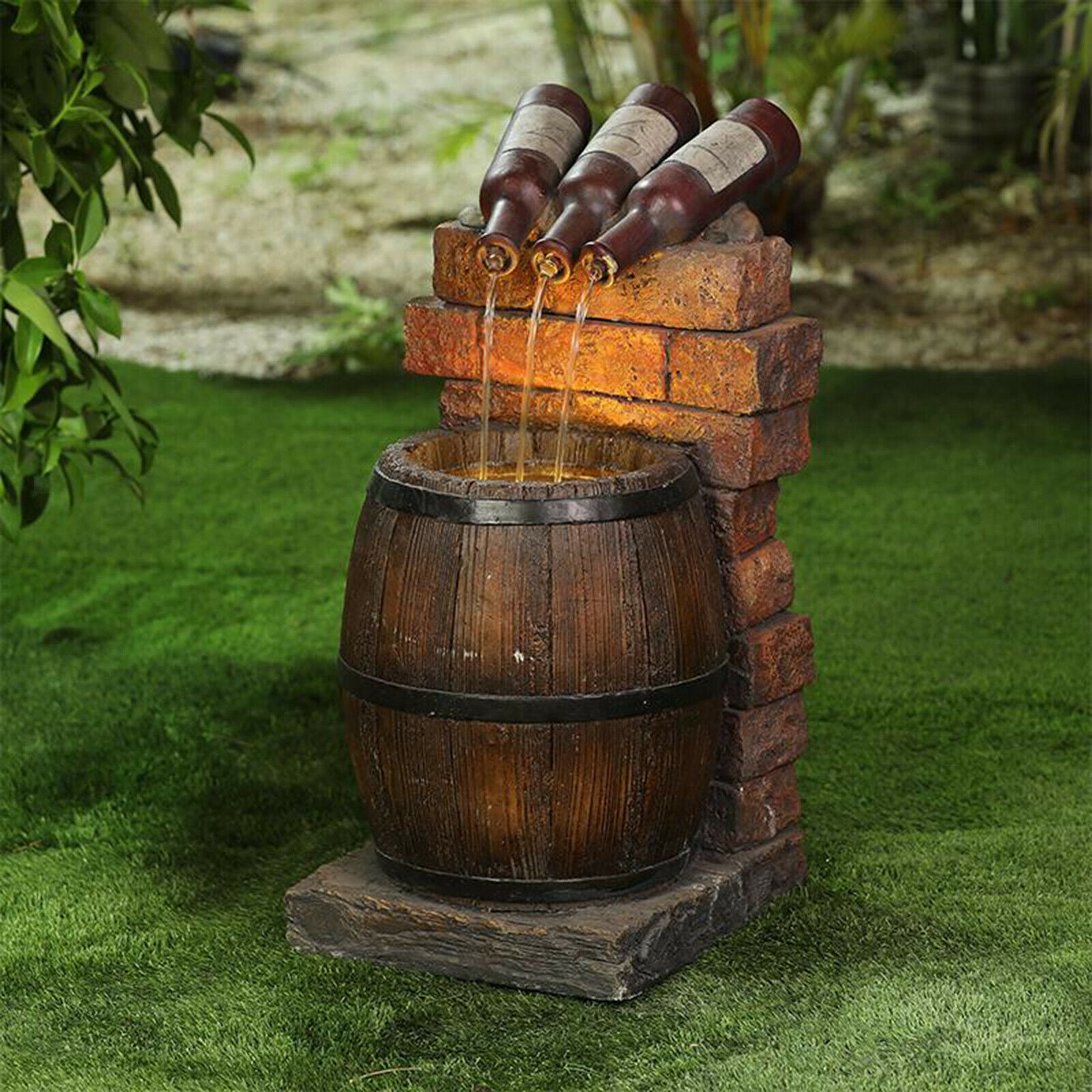 Mini Wine Bottle and Barrel Garden Water Fountain Rustic Home Decoration