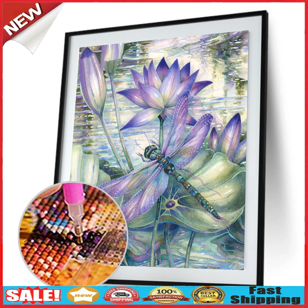 Dragonfly Lotus Flower 5D DIY Full Drill Diamond Painting Embroidery Decor @