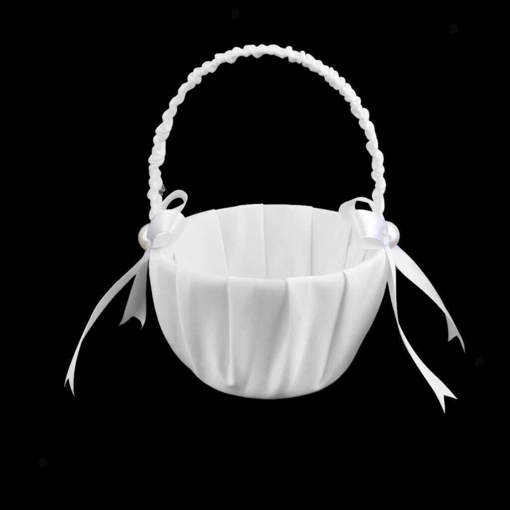 White   Flower Girl Basket for Wedding Decoration, Handle with Silk Ribbon