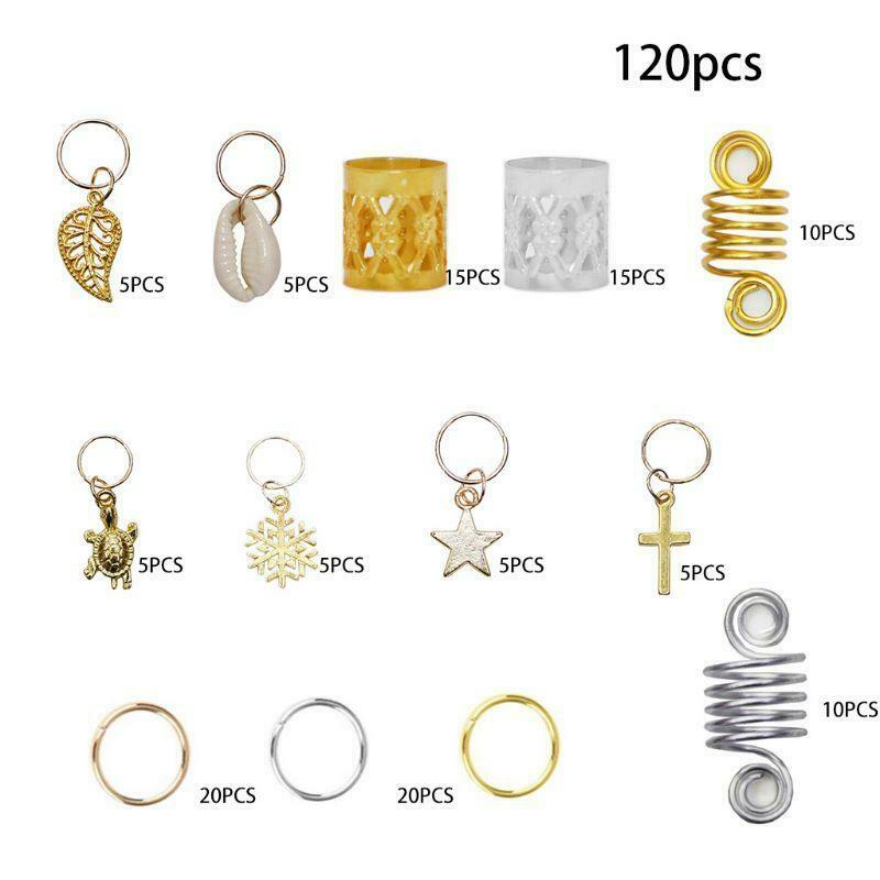120Pcs Hair Braid Rings Metal Cuffs Dreadlocks Beads Shell Leaves Star Cross