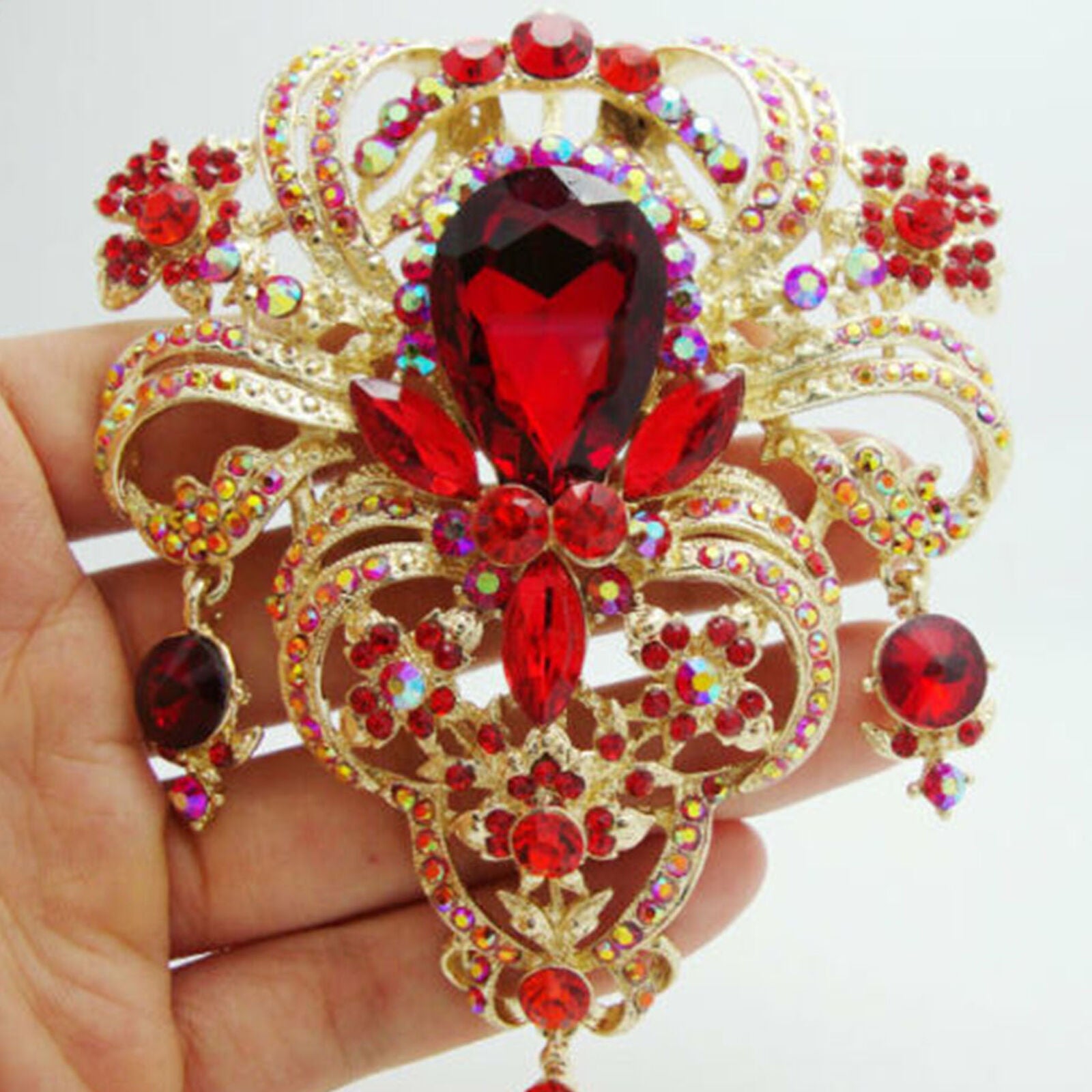 5.04" Classic style Flower drop Brooch Pin Pendant Red Crown Rhinestone Crystal