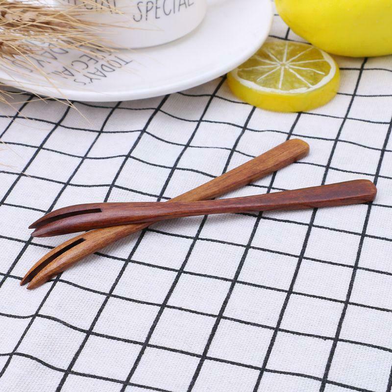 Wooden Dessert Food Fruit Serving Fork Dining Tableware Utensil Tools Cutlery