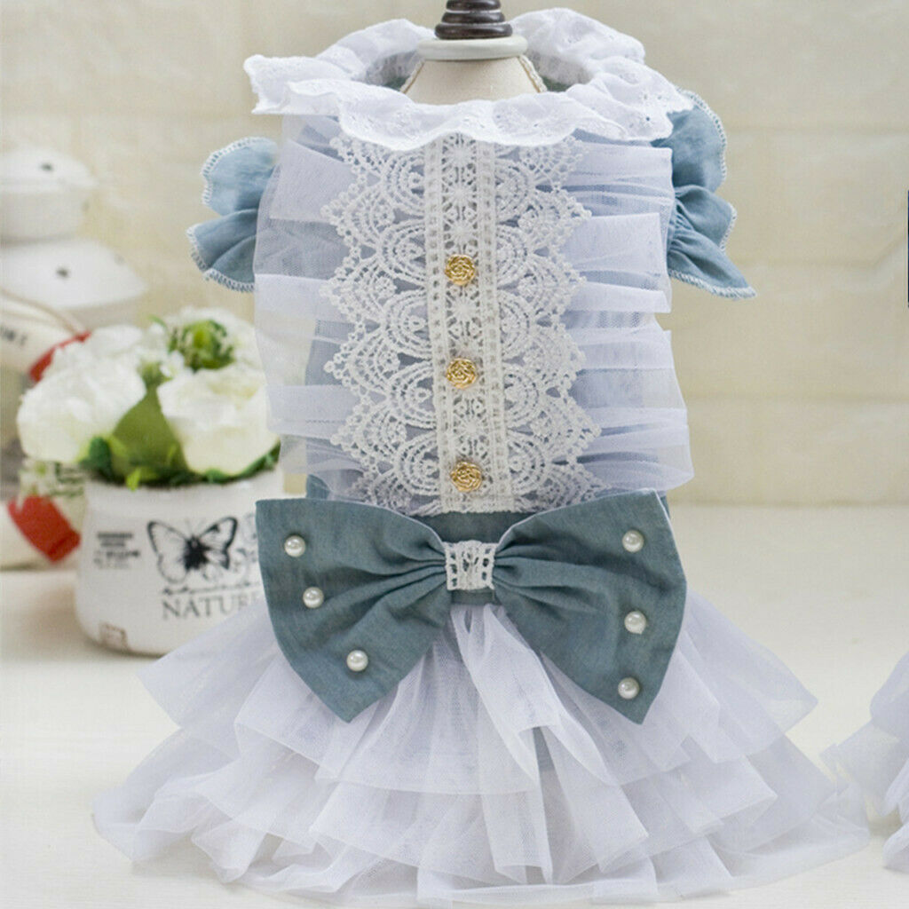 Dog Wedding Dress Denim Lace Stitch Dress Clothes Bownot Princess Skirt M