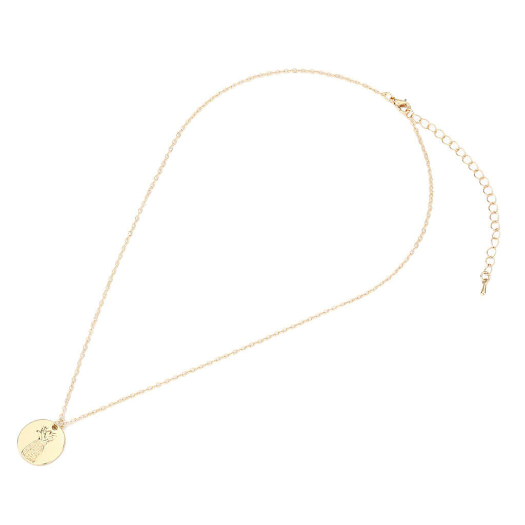 Cricle Disc Pendant Necklace Engraved Pineapple Design Sweater Necklace
