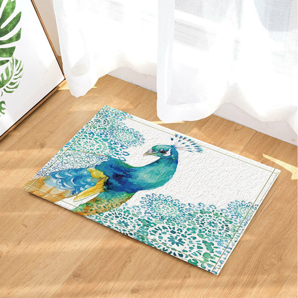 Watercolor of Peacock with Colorful Feathers Bath Mat door mat bathmat doormat