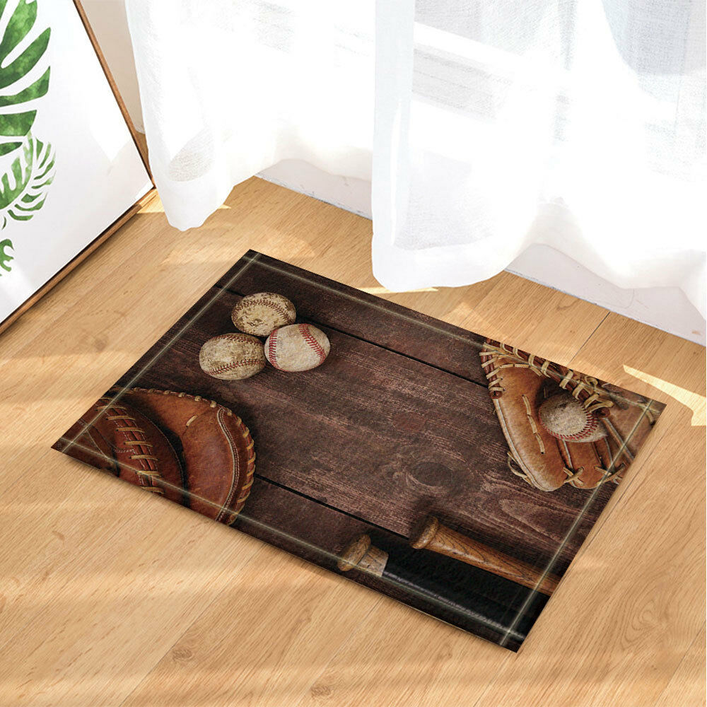 Baseball on Brown Wooden Bathroom Rug Non-Slip Floor Door Mat Flannel 16x24"