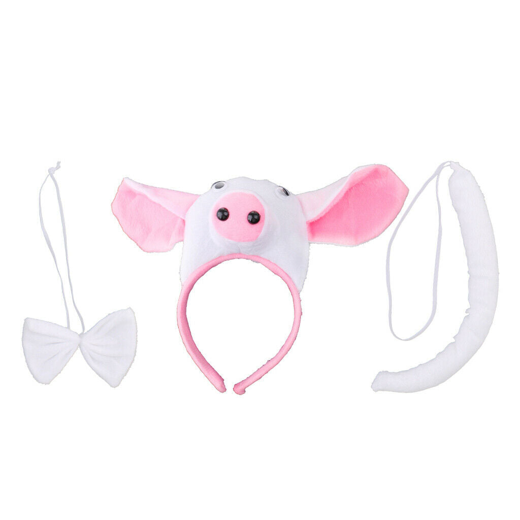 Kids Animal Pig Piggy Costume Kit Head Band Bow Tie Tail Fancy Dress White