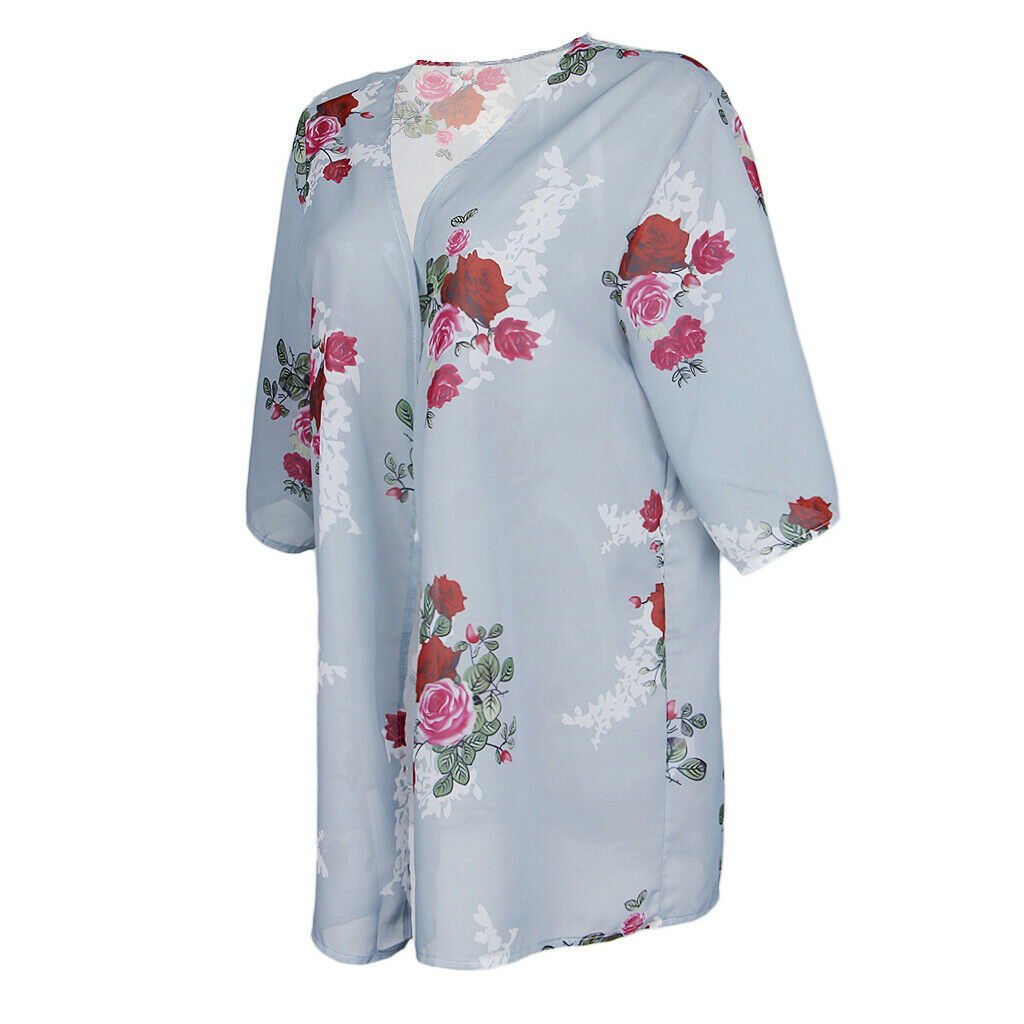 Summer Floral Prints Chiffon Cardigan Kimono Beachwear Top Bikini Cover Up Gray