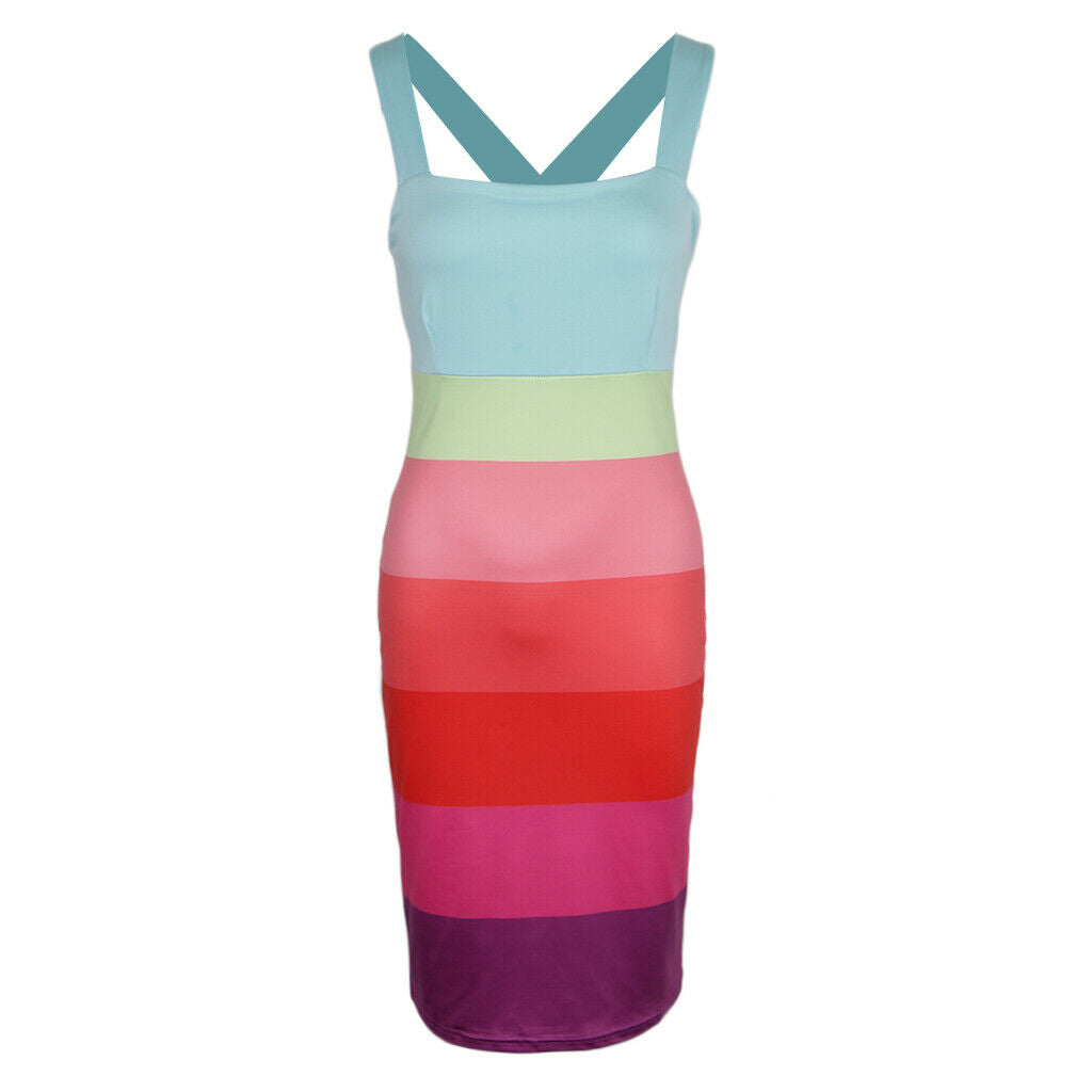Women Stripe Bodycon Pencil Cocktail Evening Summer Party Midi Dress M Pink