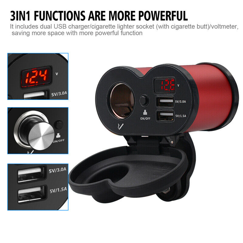 QC3.0 Fast Motorcycle Cigarette Lighter Socket 2 USB Charger + Switch+ Voltmeter