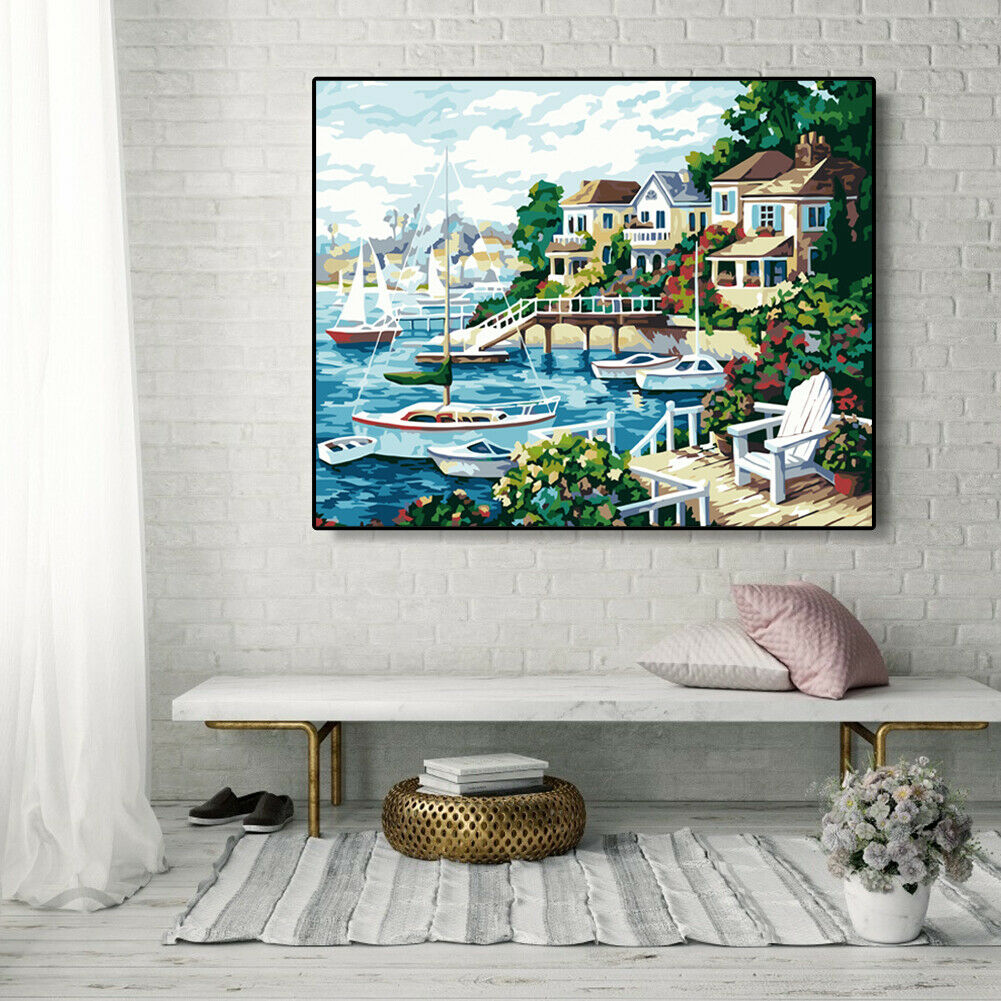 DIY Painting By Number Kit Modern Sea Houses Wall Decor Canvas Coloring Art @