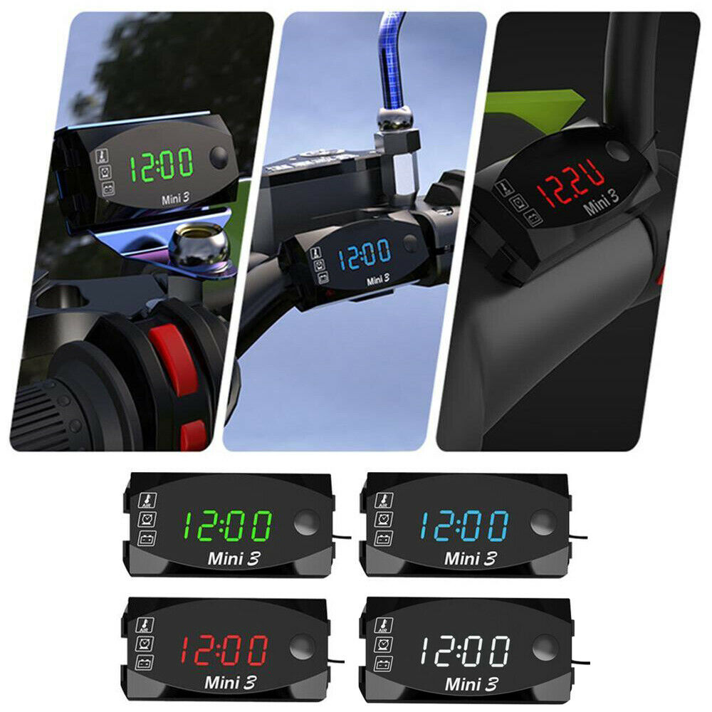 3-in-1 Motorcycle Clock VoltageThermometer &Voltmeter LED Display DC 6V-30V IP67