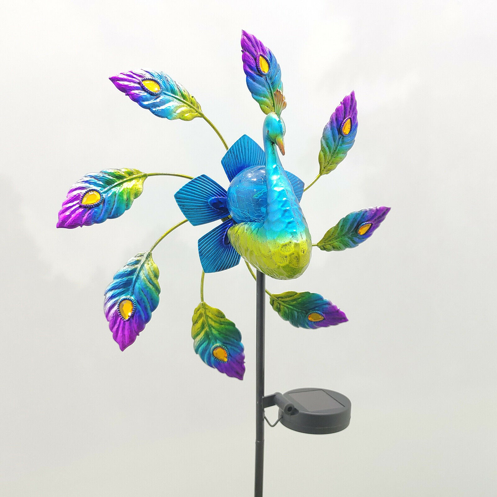 Metal Solar Wind Spinner Peacock Sculpture for Outdoor Yard Garden Patio